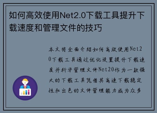 如何高效使用Net2.0下载工具提升下载速度和管理文件的技巧 如何高效使用Net2.0下载工具提升下载速度和管理文件的技巧