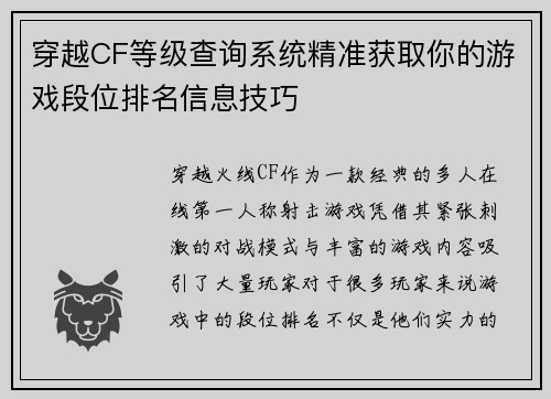穿越CF等级查询系统精准获取你的游戏段位排名信息技巧